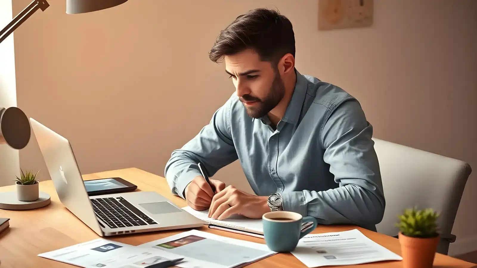 Mannelijke ondernemer die social media content plant aan modern bureau Mannelijke ondernemer die nadenkend werkt aan social media contentplanning, met laptop, notitieboek en verspreide aantekeningen op een modern bureau, geconcentreerd en vastberaden.