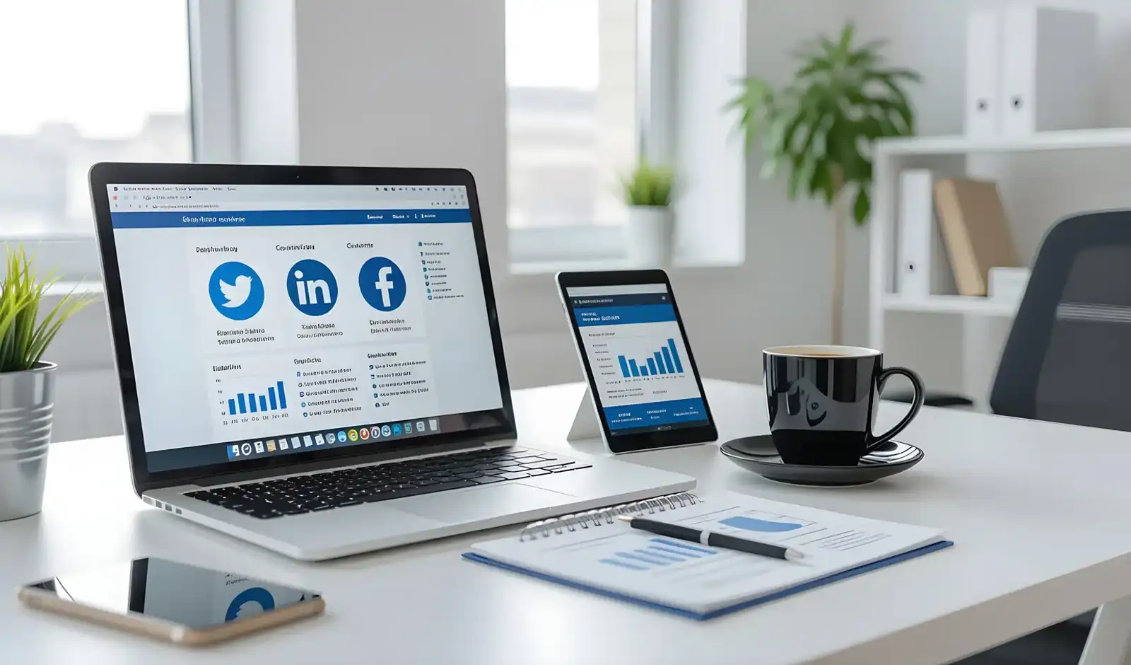 Werkplek met digitale contentplanning en social media strategie Illustratie van een moderne werkplek met laptop en tablet, een contentkalender en social media iconen. Symboliseert digitale strategie, contentplanning en online zichtbaarheid voor ondernemers.