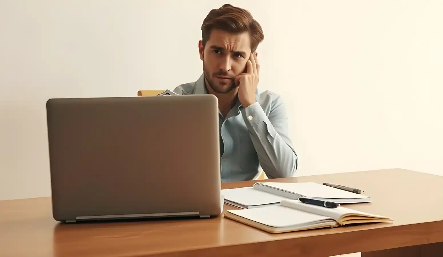 Kleine ondernemer plant strategie aan bureau met laptop Kleine ondernemer die nadenkt over strategie aan een bureau met laptop en notitieboek, reflecterend op lage klantenactiviteit