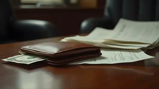Niet op waarde geschat: lege portemonnee en onbetaalde facturen Illustratie van een lege portemonnee met enkele biljetten naast een stapel onbetaalde facturen op een bureau, symboliseert frustratie en het niet op waarde geschat worden.