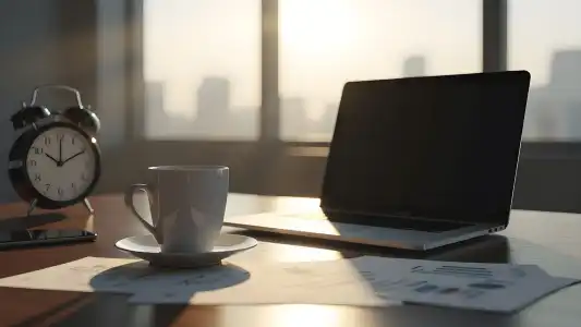 Onbenut potentieel: kantoorwerk en overuren Illustratie van een kantoorwerkplek met lege koffiekop, laptop en verspreide papieren, symboliseert onbenut potentieel, overwerk en gemiste kansen. Sfeervol, modern en professioneel met een klok die late uren aangeeft.