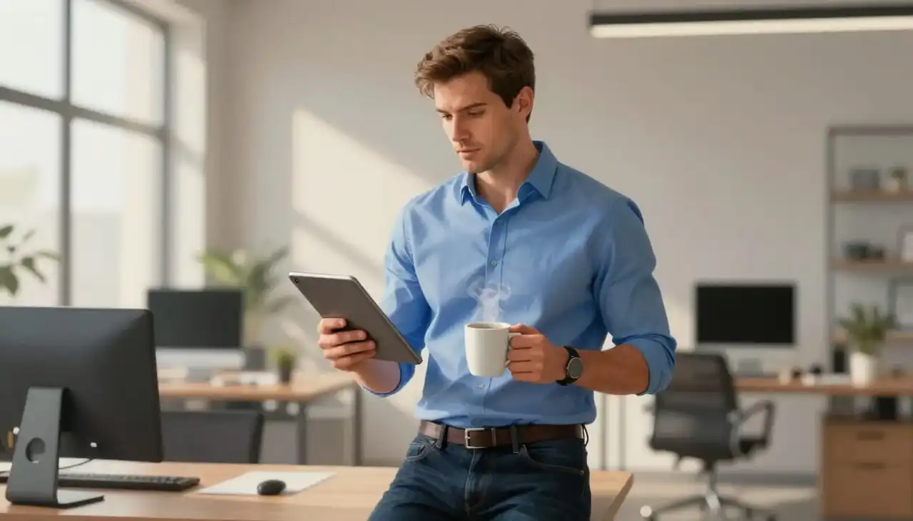 Een ondernemer die relaxt me een koffie en een tablet in zijn kantoor staat Een ondernemer die relaxt me een koffie en een tablet in zijn kantoor staat